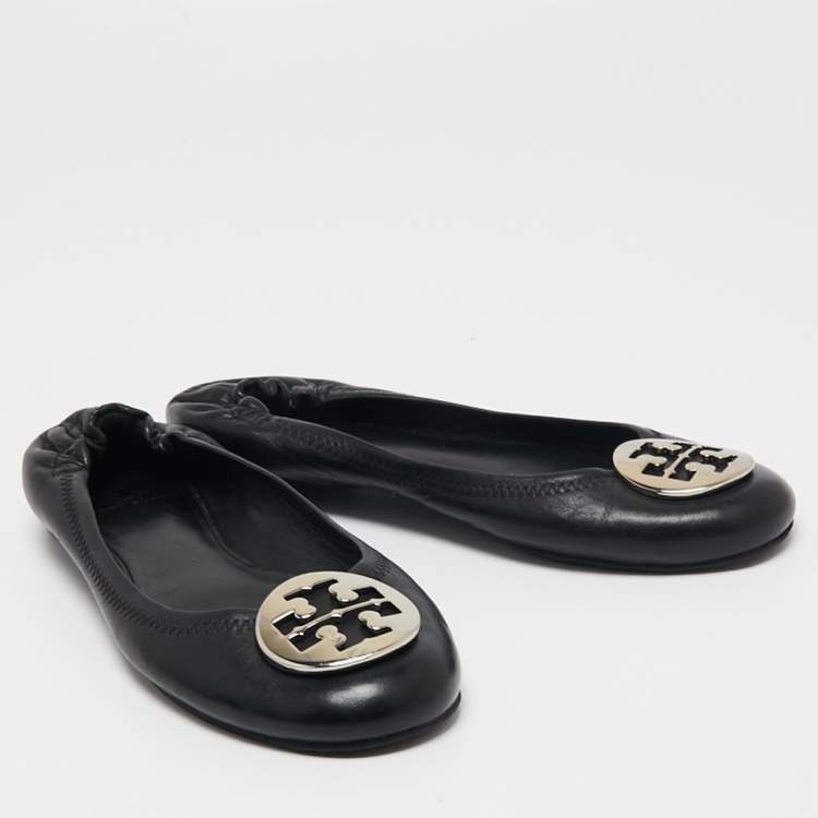 Pre Owned Tory Burch Black Leather Minnie Scrunch Ballet Flats Size 38.5