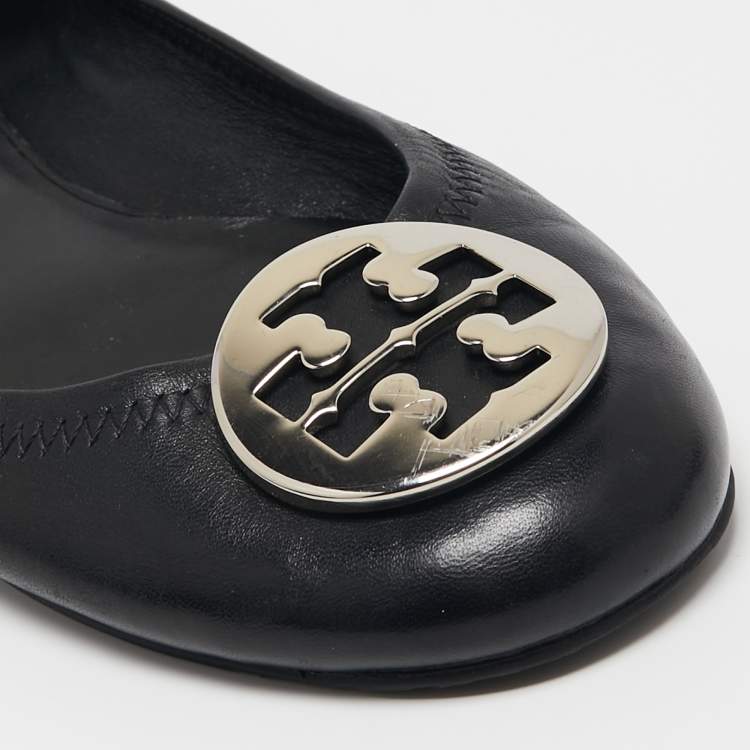 Pre Owned Tory Burch Black Leather Minnie Scrunch Ballet Flats Size 38.5