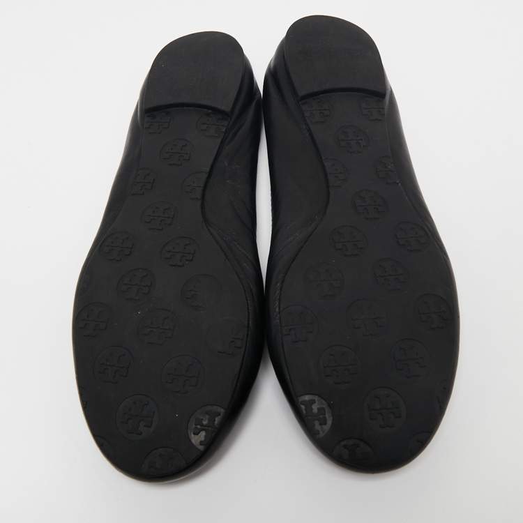 Pre Owned Tory Burch Black Leather Minnie Scrunch Ballet Flats Size 38.5