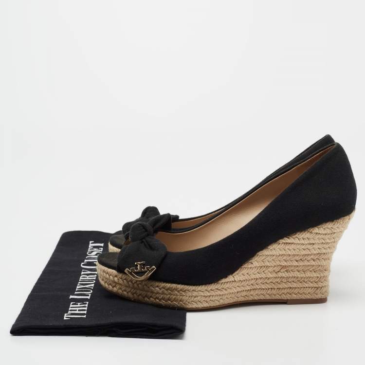 Pre Owned Tory Burch Black Fabric Bow Peep-Toe Espadrille Wedge Pumps Size Size 37.5