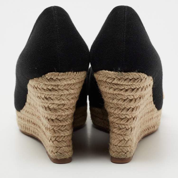 Pre Owned Tory Burch Black Fabric Bow Peep-Toe Espadrille Wedge Pumps Size Size 37.5