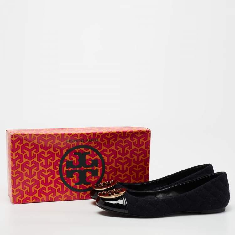 Pre Owned Tory Burch Black Patent Leather And Tweed  Cap Toe Ballet Flats Size 38.5