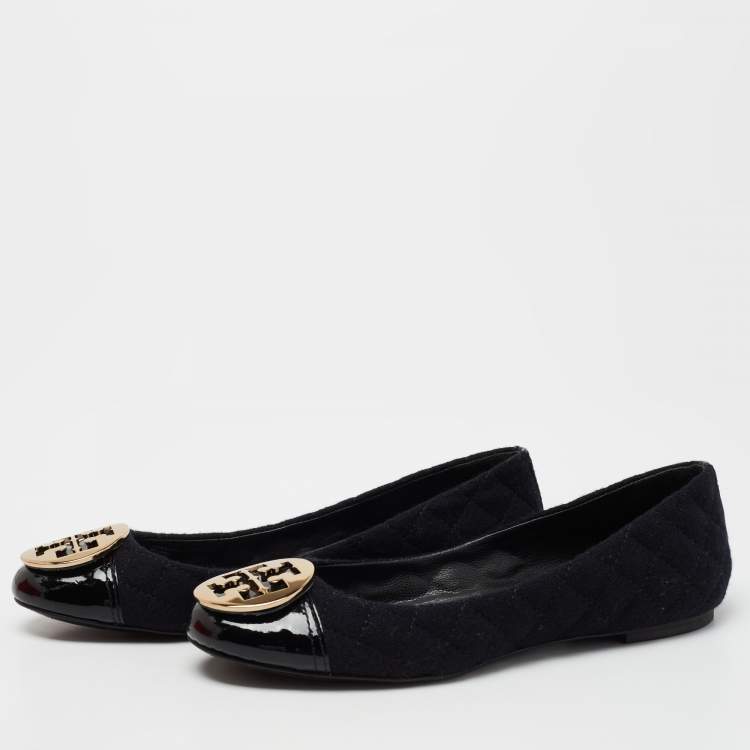 Pre Owned Tory Burch Black Patent Leather And Tweed  Cap Toe Ballet Flats Size 38.5