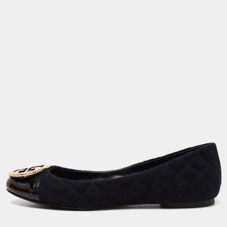 Pre Owned Tory Burch Black Patent Leather And Tweed  Cap Toe Ballet Flats Size 38.5