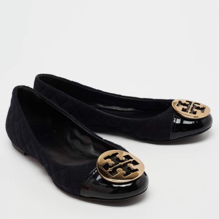 Pre Owned Tory Burch Black Patent Leather And Tweed  Cap Toe Ballet Flats Size 38.5