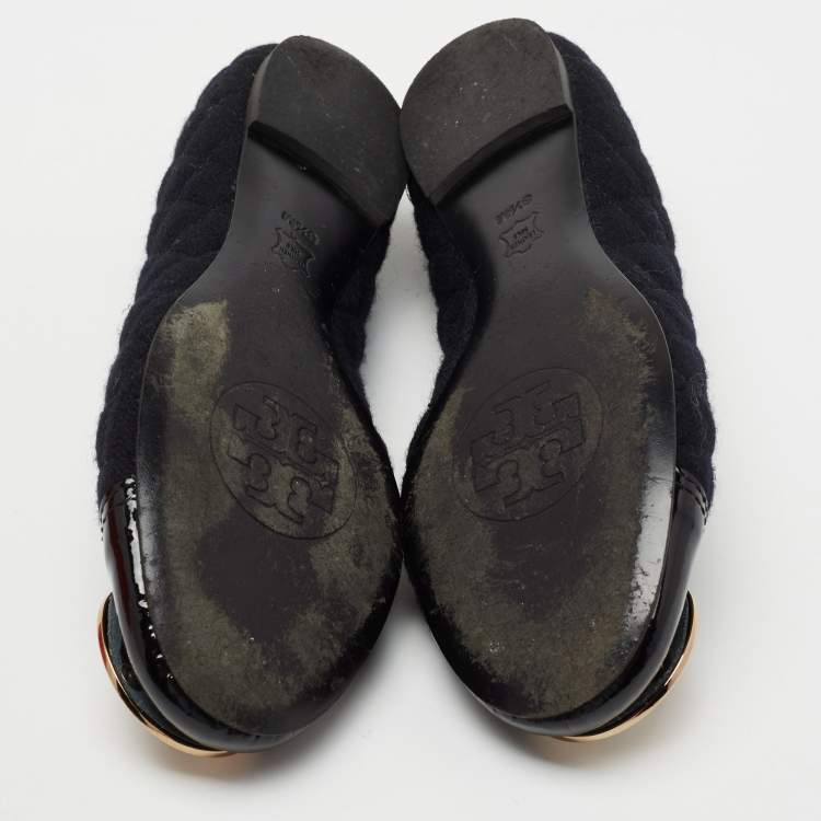Pre Owned Tory Burch Black Patent Leather And Tweed  Cap Toe Ballet Flats Size 38.5