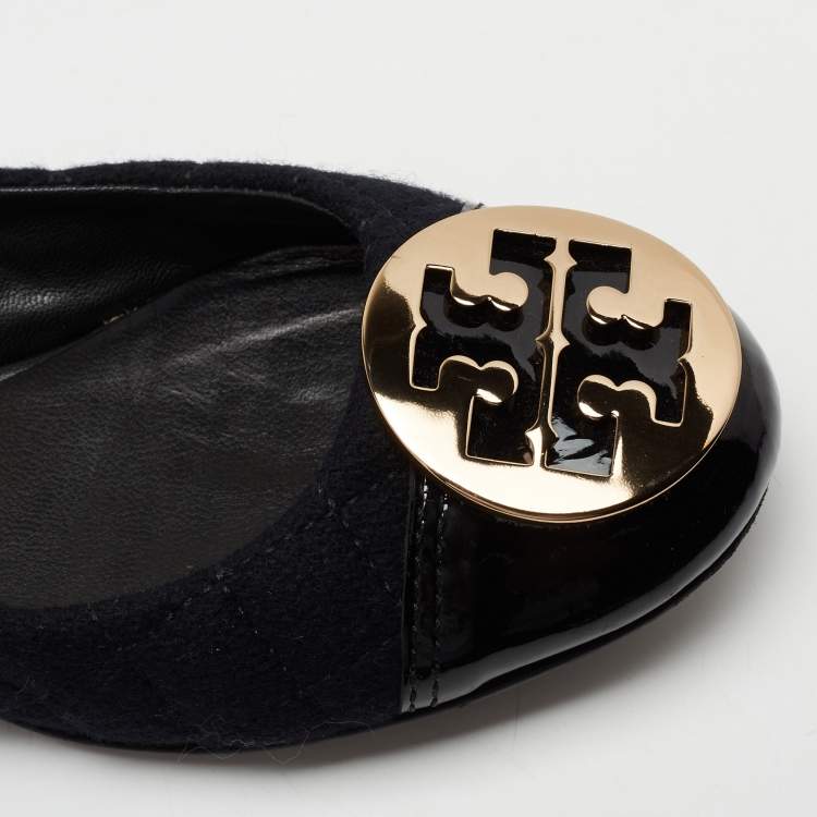 Pre Owned Tory Burch Black Patent Leather And Tweed  Cap Toe Ballet Flats Size 38.5