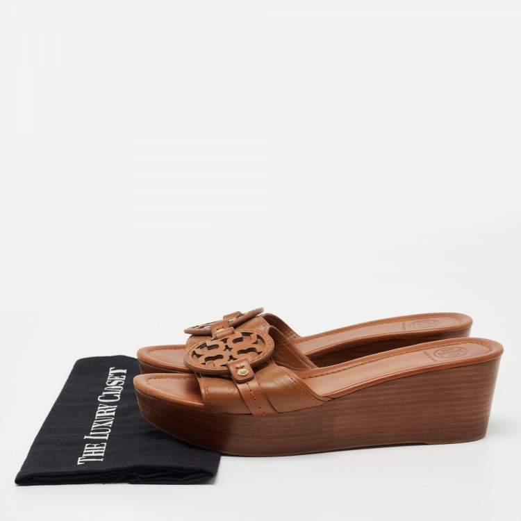 Pre Owned Tory Burch Tan Leather Selma Platform Wedge Sandals Size 41