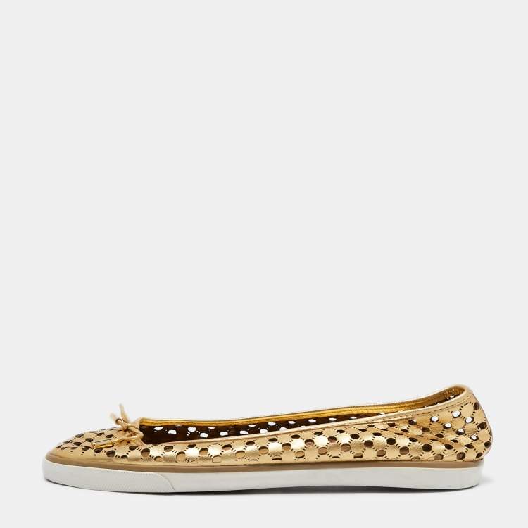 Pre Owned Tory Burch Metallic Gold Laser Cut Leather Bow Ballet Flats Size 40