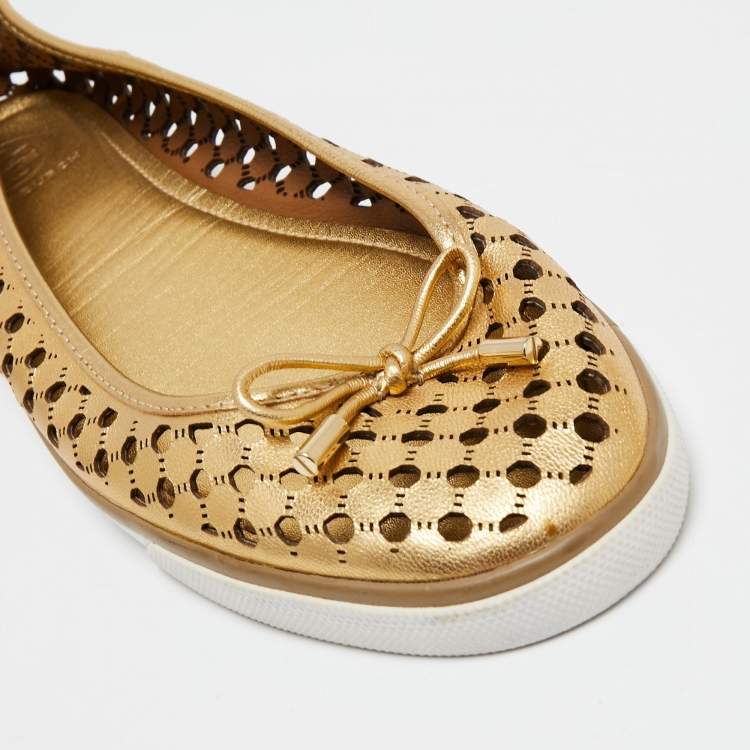 Pre Owned Tory Burch Metallic Gold Laser Cut Leather Bow Ballet Flats Size 40
