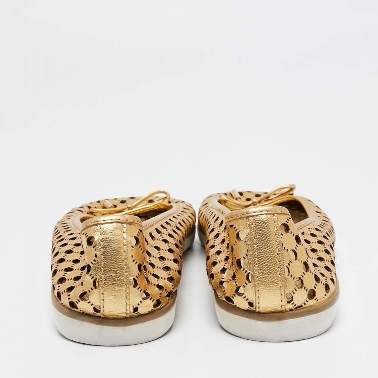 Pre Owned Tory Burch Metallic Gold Laser Cut Leather Bow Ballet Flats Size 40