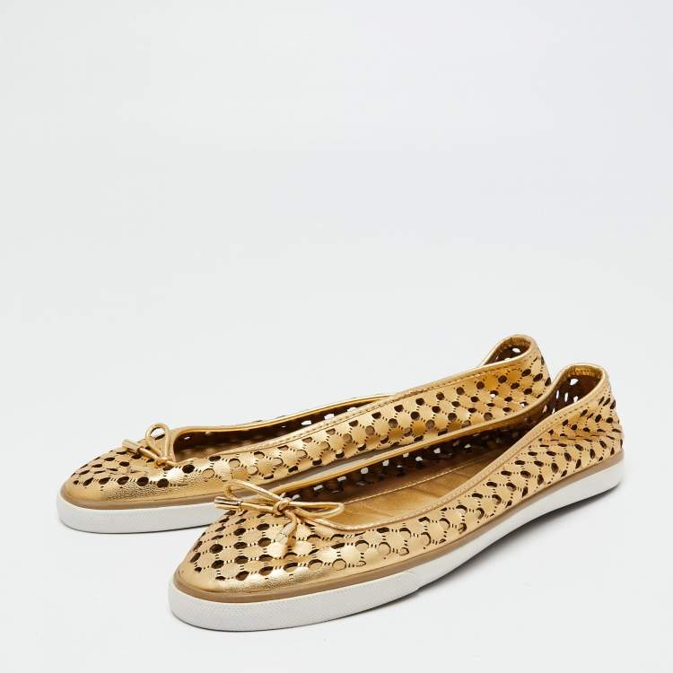Pre Owned Tory Burch Metallic Gold Laser Cut Leather Bow Ballet Flats Size 40