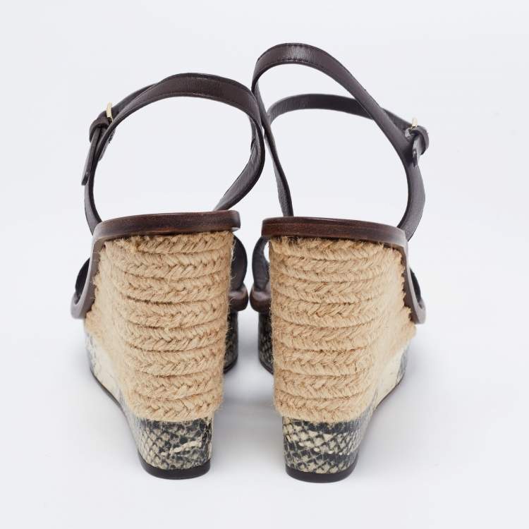 Pre Owned Tory Burch Tri-Color Python Embossed Leather Espadrille Wedge Ankle Strap Sandals Size 38