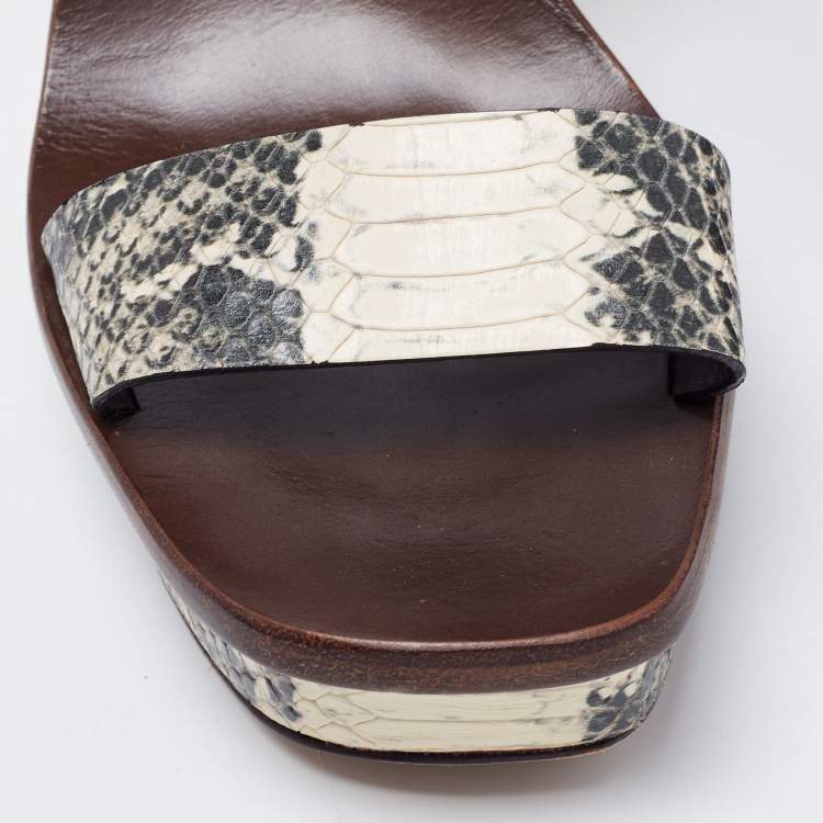 Pre Owned Tory Burch Tri-Color Python Embossed Leather Espadrille Wedge Ankle Strap Sandals Size 38