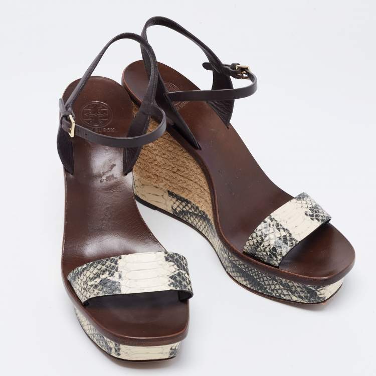 Pre Owned Tory Burch Tri-Color Python Embossed Leather Espadrille Wedge Ankle Strap Sandals Size 38