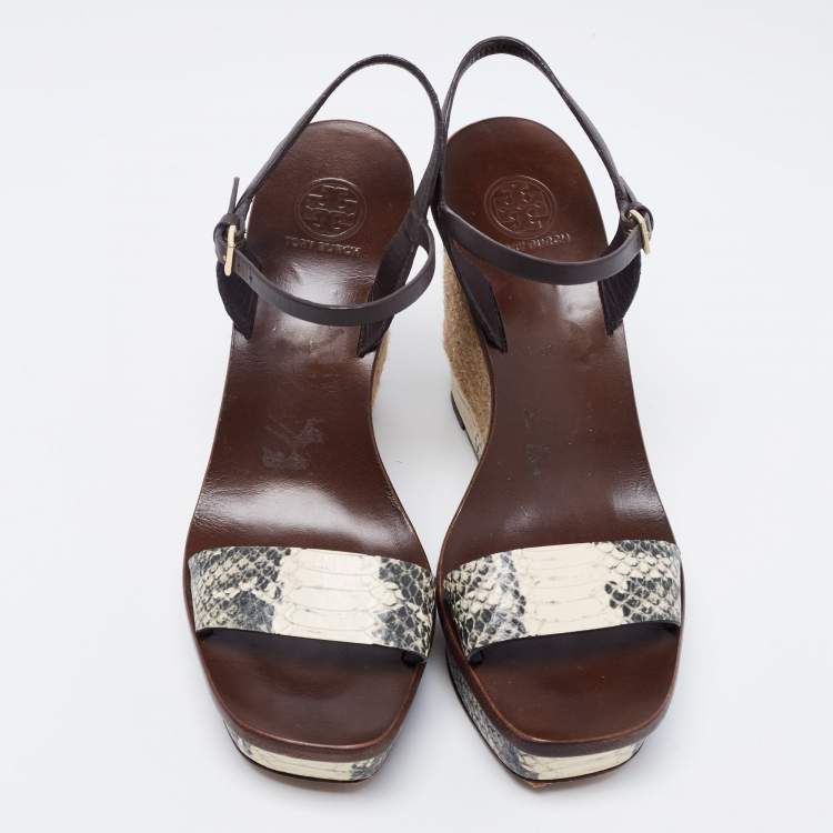 Pre Owned Tory Burch Tri-Color Python Embossed Leather Espadrille Wedge Ankle Strap Sandals Size 38