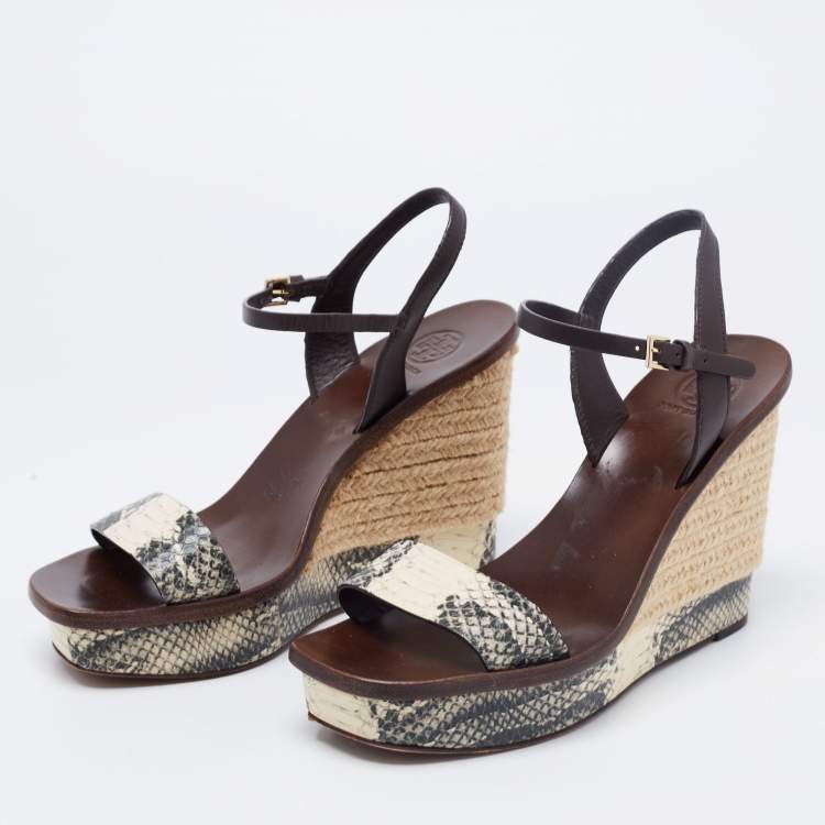 Pre Owned Tory Burch Tri-Color Python Embossed Leather Espadrille Wedge Ankle Strap Sandals Size 38