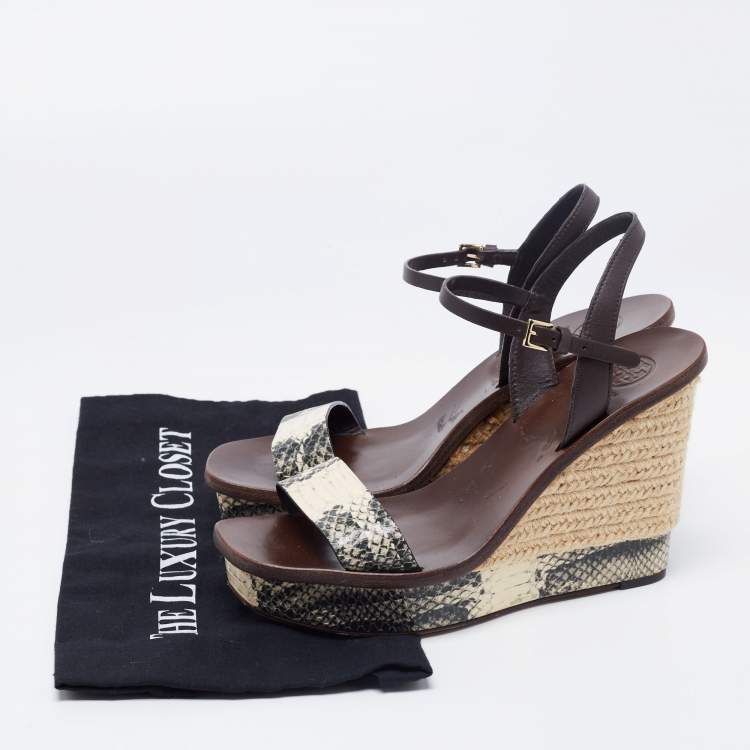 Pre Owned Tory Burch Tri-Color Python Embossed Leather Espadrille Wedge Ankle Strap Sandals Size 38