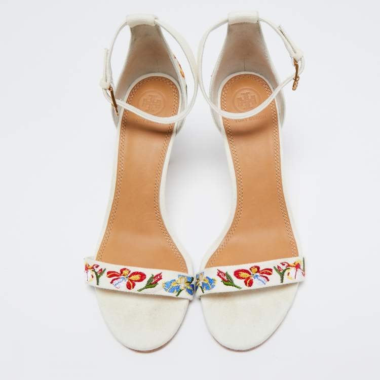 Pre Owned Tory Burch Off-White Embroidered Canvas Ankle Strap Sandals Size 39.5