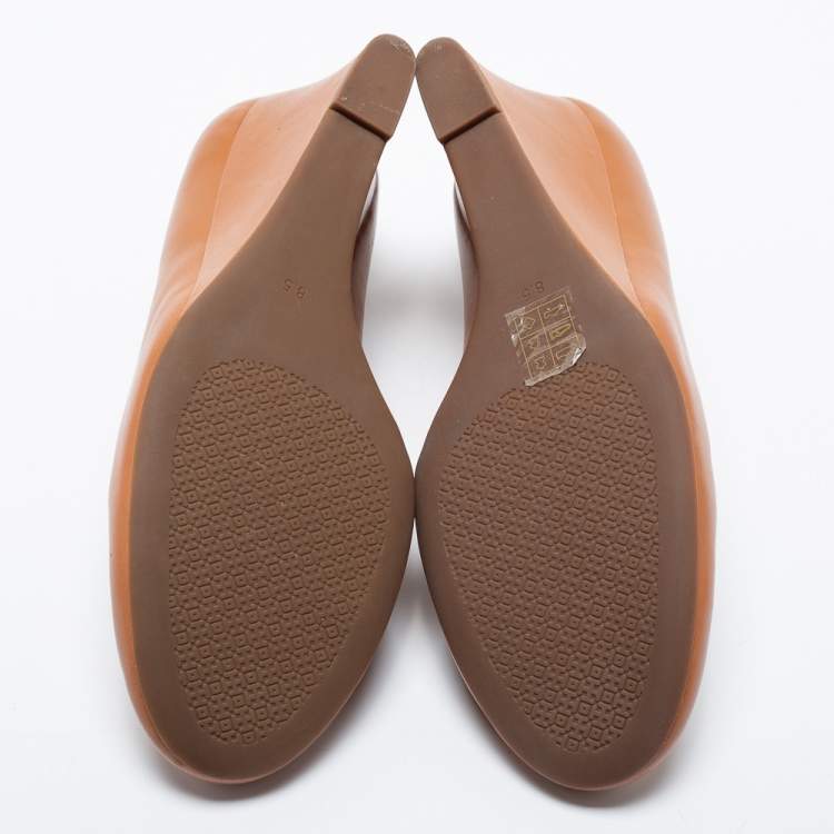Pre Owned Tory Burch Tan Leather Benton Wedge Pumps Size 39