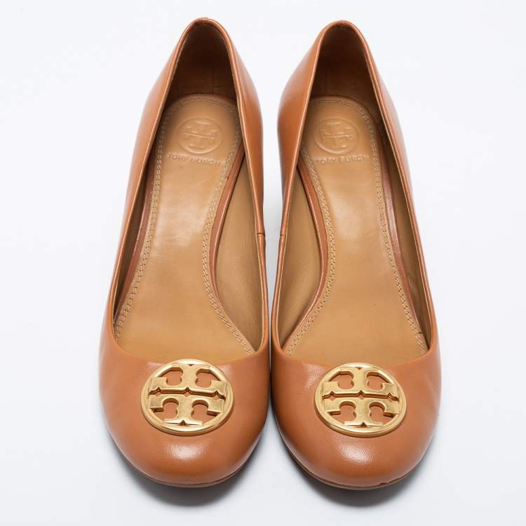 Pre Owned Tory Burch Tan Leather Benton Wedge Pumps Size 39