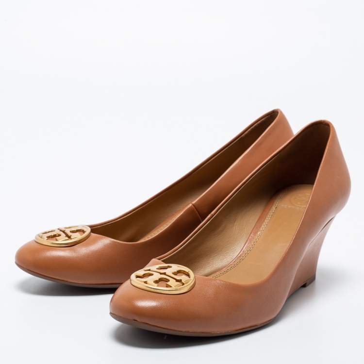 Pre Owned Tory Burch Tan Leather Benton Wedge Pumps Size 39