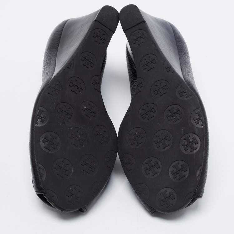 Pre Owned Tory Burch Black Leather Sophie Peep-Toe Wedge Pumps Size 40.5