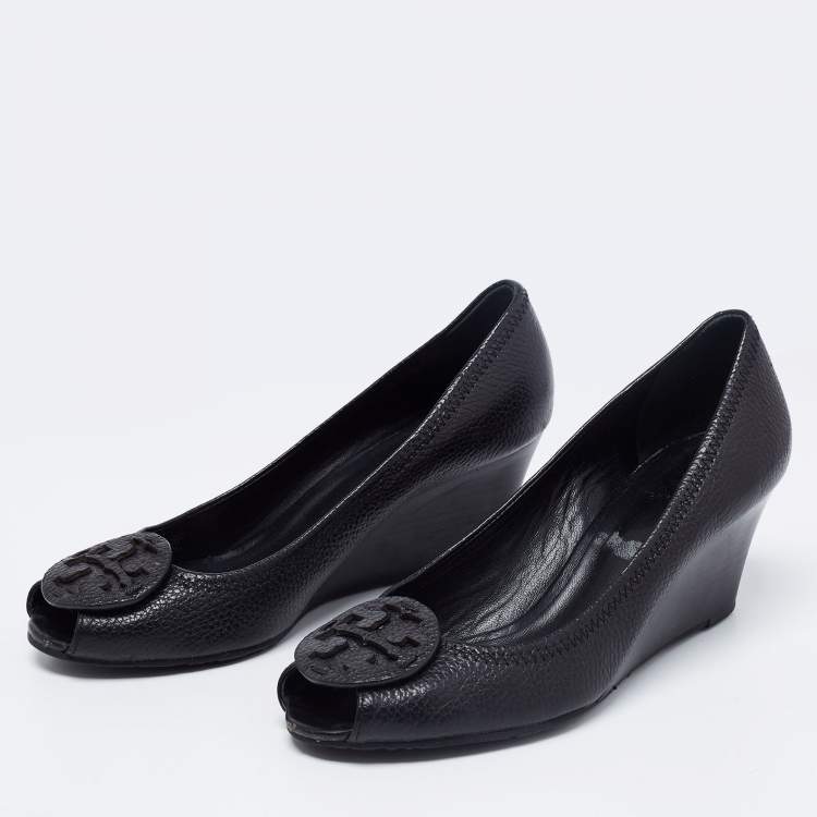 Tory Burch Black Leather Sophie Peep-Toe Wedge Pumps Size  Tory Burch |  TLC