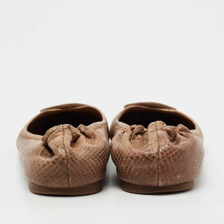 Pre Owned Tory Burch Light Brown Python Embossed Leather Reva Ballet Flats Size 39