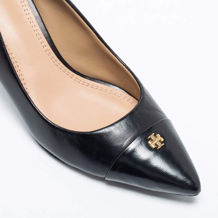Pre Owned Tory Burch Black Leather Cap Toe Pumps Size 37