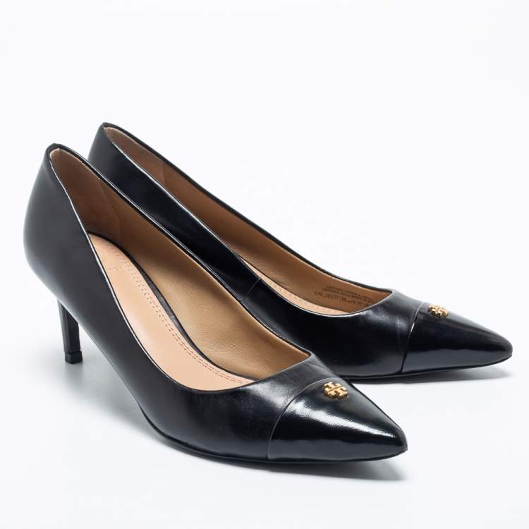 Pre Owned Tory Burch Black Leather Cap Toe Pumps Size 37