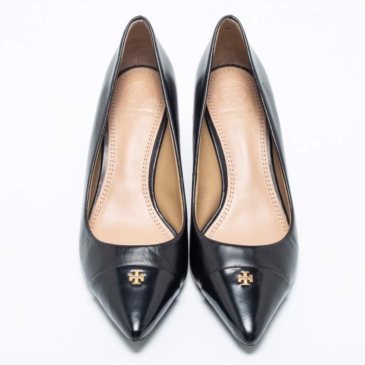 Pre Owned Tory Burch Black Leather Cap Toe Pumps Size 37