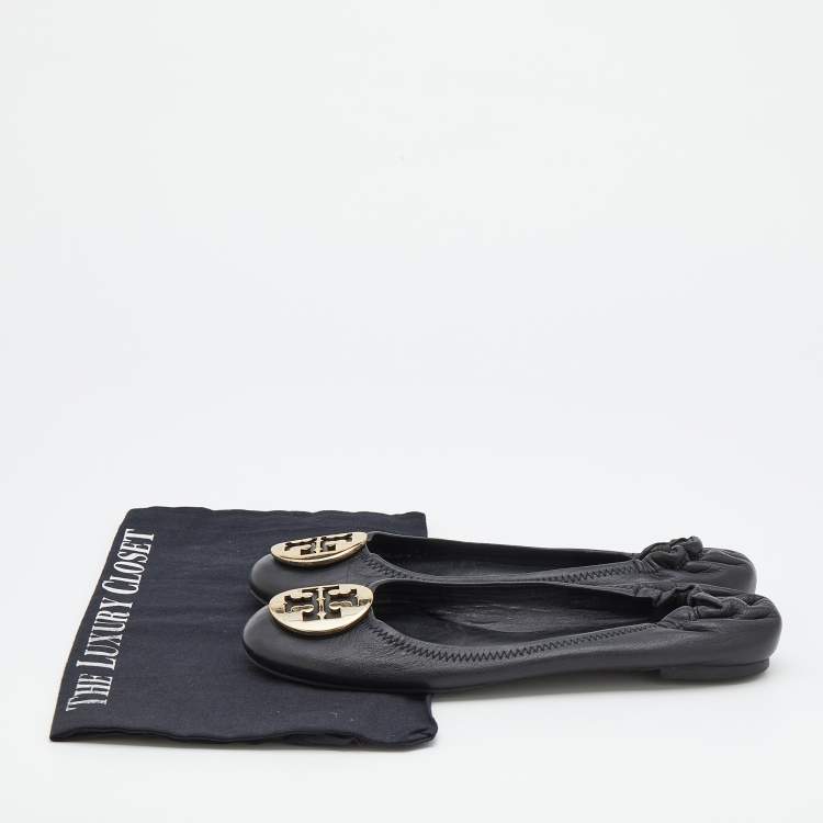 مملوكة مسبقًا Tory Burch Black Leather Minnie Scrunch Ballet Flats Size 38.5