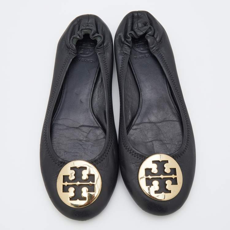 مملوكة مسبقًا Tory Burch Black Leather Minnie Scrunch Ballet Flats Size 38.5