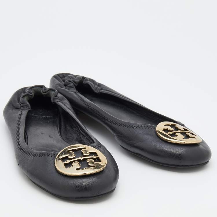 مملوكة مسبقًا Tory Burch Black Leather Minnie Scrunch Ballet Flats Size 38.5