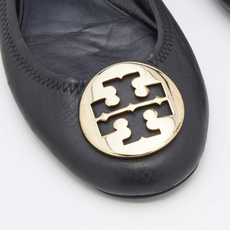 مملوكة مسبقًا Tory Burch Black Leather Minnie Scrunch Ballet Flats Size 38.5