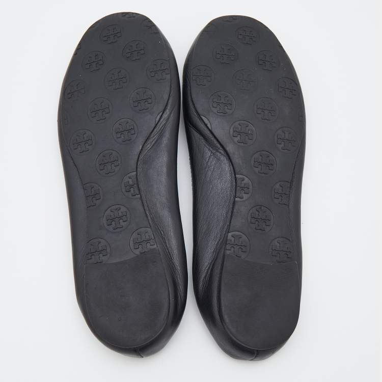 مملوكة مسبقًا Tory Burch Black Leather Minnie Scrunch Ballet Flats Size 38.5
