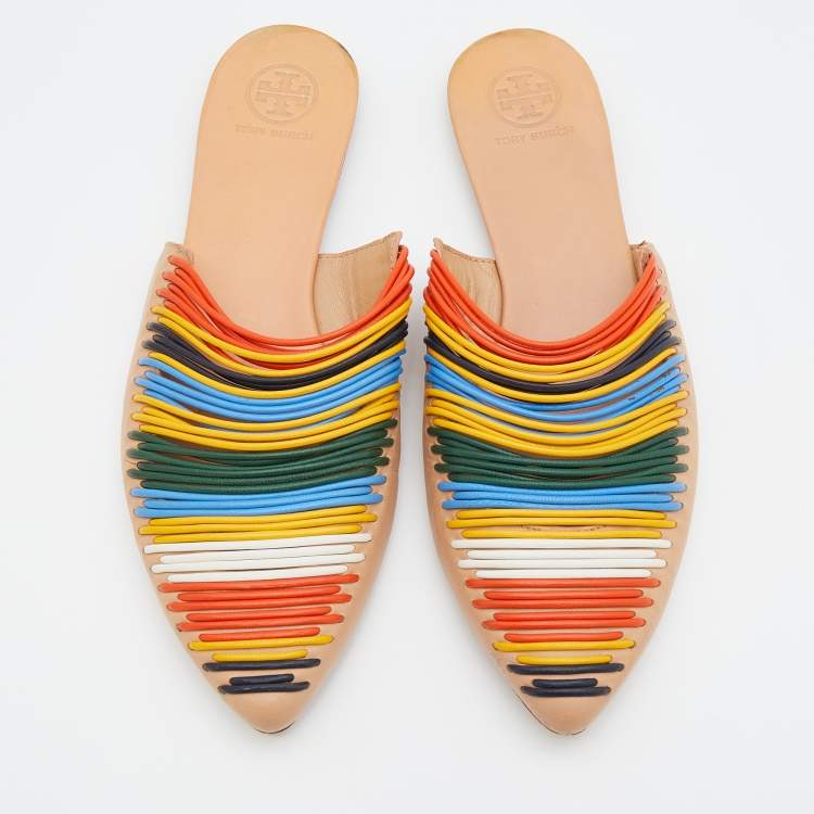 مملوكة مسبقًا Tory Burch Multicolor Leather Rainbow Sienna Flat Mules Size 37.5