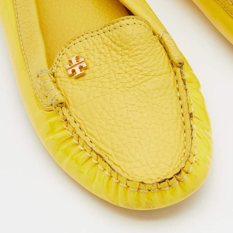 Pre Owned Tory Burch Yellow Patent Leather And Leather Slip On Loafers Size 36.5
