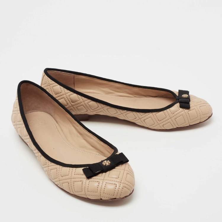 Pre Owned Tory Burch Beige Marion Quilted Leather Bow Ballet Flats Size 37