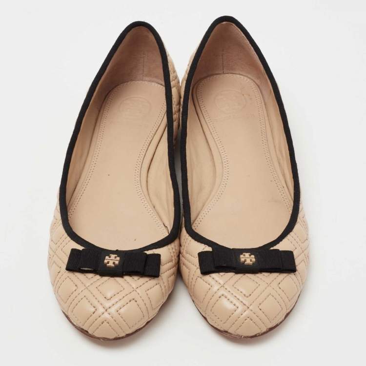 Pre Owned Tory Burch Beige Marion Quilted Leather Bow Ballet Flats Size 37