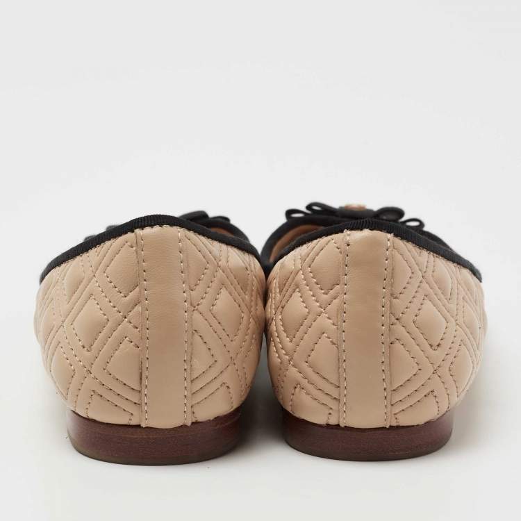 Pre Owned Tory Burch Beige Marion Quilted Leather Bow Ballet Flats Size 37