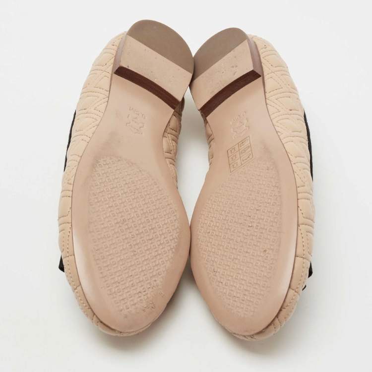 Pre Owned Tory Burch Beige Marion Quilted Leather Bow Ballet Flats Size 37