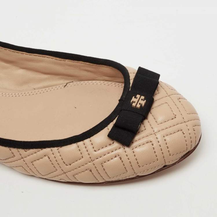 Pre Owned Tory Burch Beige Marion Quilted Leather Bow Ballet Flats Size 37