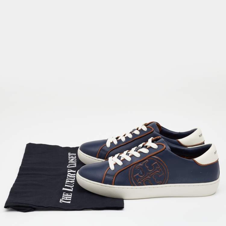 Pre Owned Tory Burch Navy Blue Leather Chance Low Top Sneakers Size 37.5