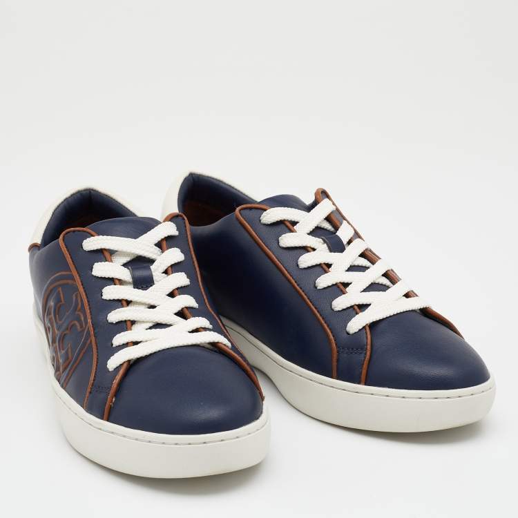 Pre Owned Tory Burch Navy Blue Leather Chance Low Top Sneakers Size 37.5