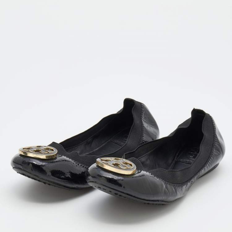مملوكة مسبقًا Tory Burch Black Patent Leather Scrunch Ballet Flats Size 36.5