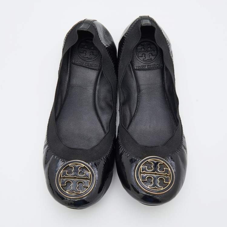 مملوكة مسبقًا Tory Burch Black Patent Leather Scrunch Ballet Flats Size 36.5
