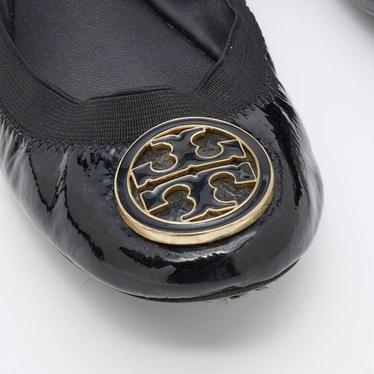 مملوكة مسبقًا Tory Burch Black Patent Leather Scrunch Ballet Flats Size 36.5