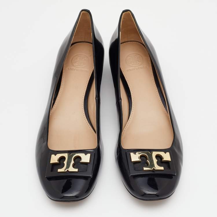 مملوكة مسبقًا Tory Burch Black Patent Leather Gigi Block Heel Pumps Size 38.5
